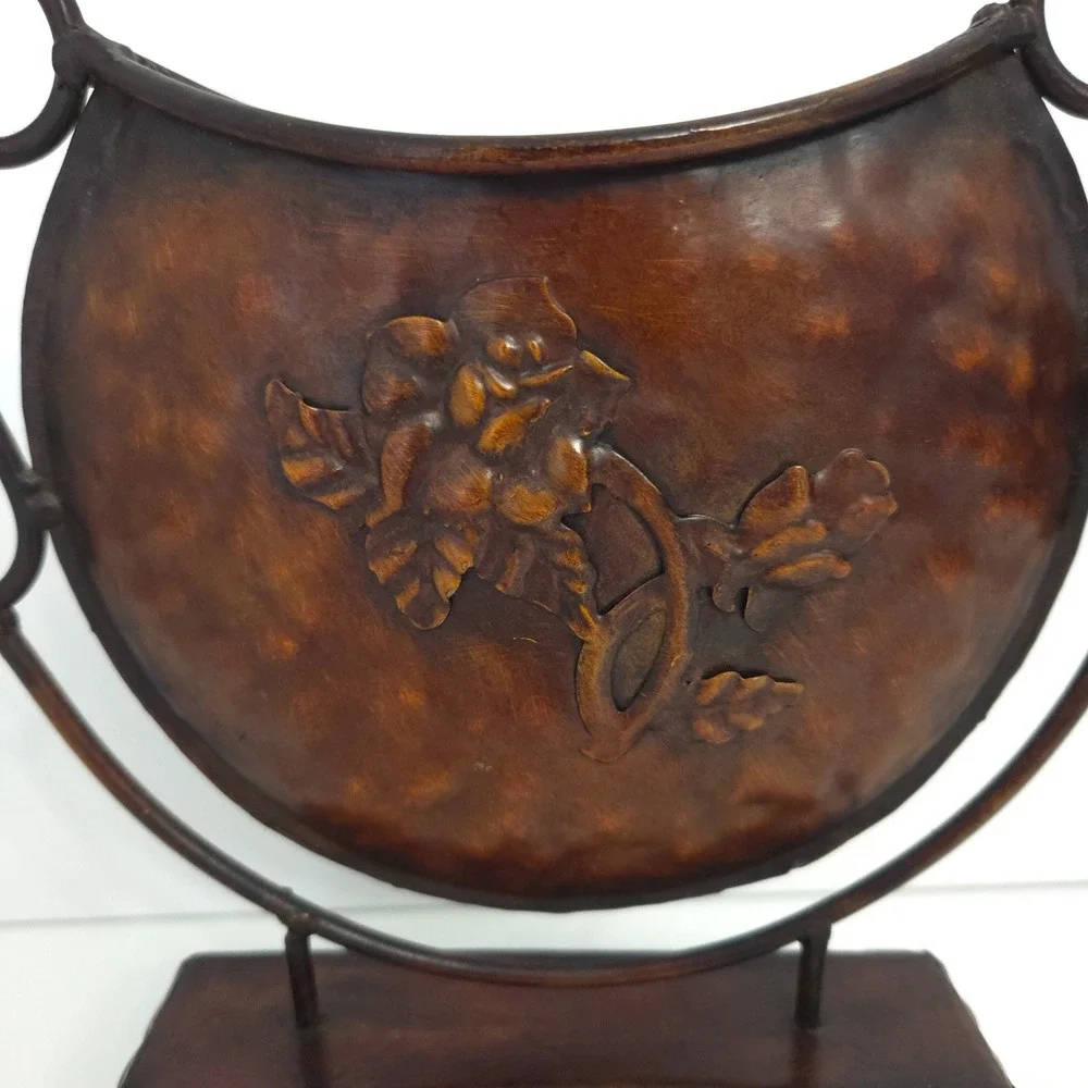 Tuscan Floral & Scroll Brown Hammered Metal Mediterranean Cradle Vase w Handles